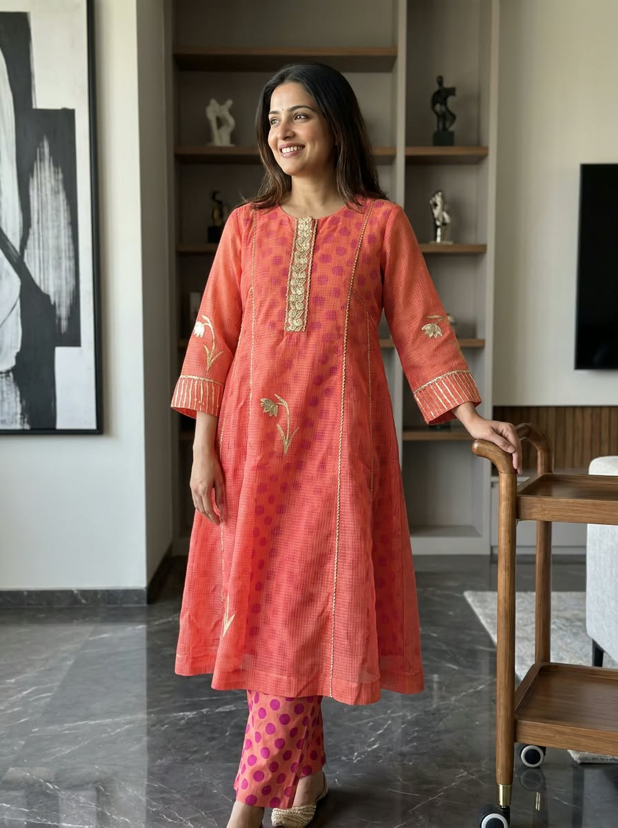 Graceful Peach Golden Zarina Embroidered Detailing Kota Doria A-Line Kurta Pant Set- 16404