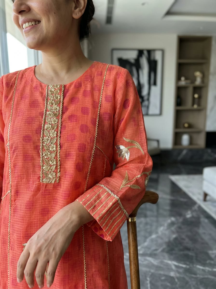 Graceful Peach Golden Zarina Embroidered Detailing Kota Doria A-Line Kurta Pant Set- 16404