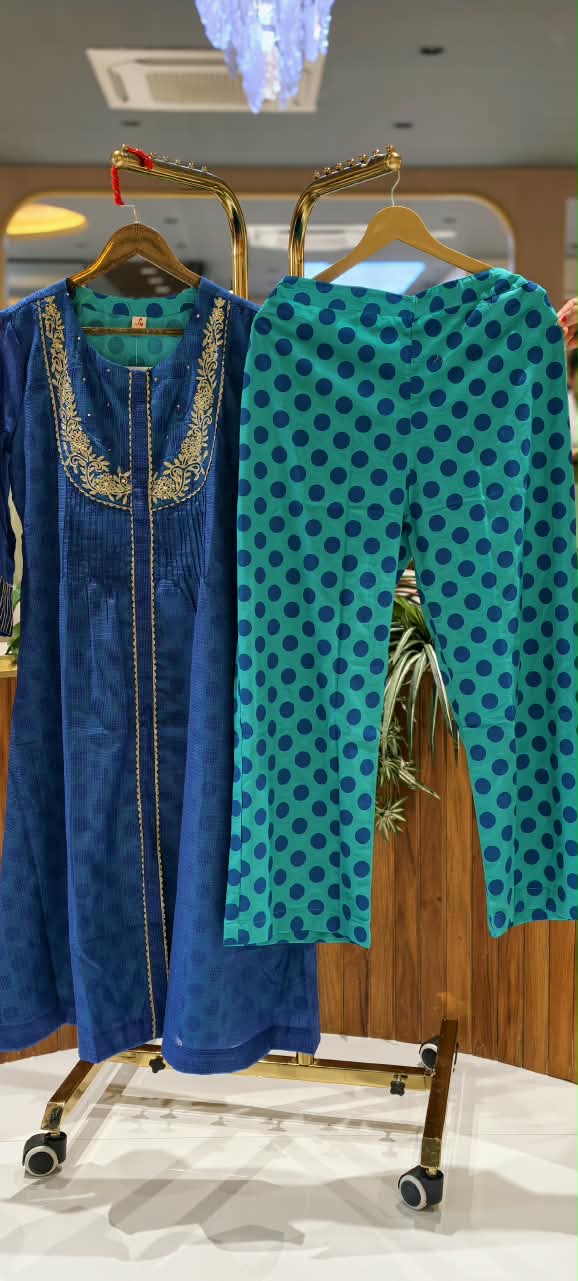 Kota Doria Blue Elegance Golden Embroidery U-Yoke A-Line Kurta Pant Set- 16439