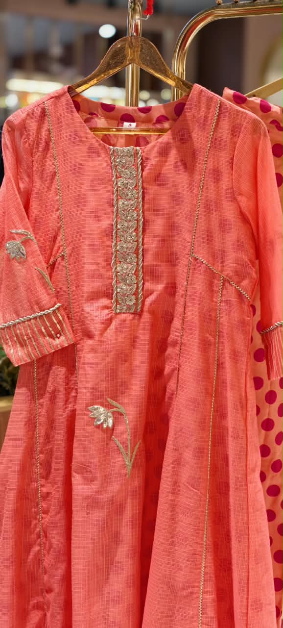 Graceful Peach Golden Zarina Embroidered Detailing Kota Doria A-Line Kurta Pant Set- 16404