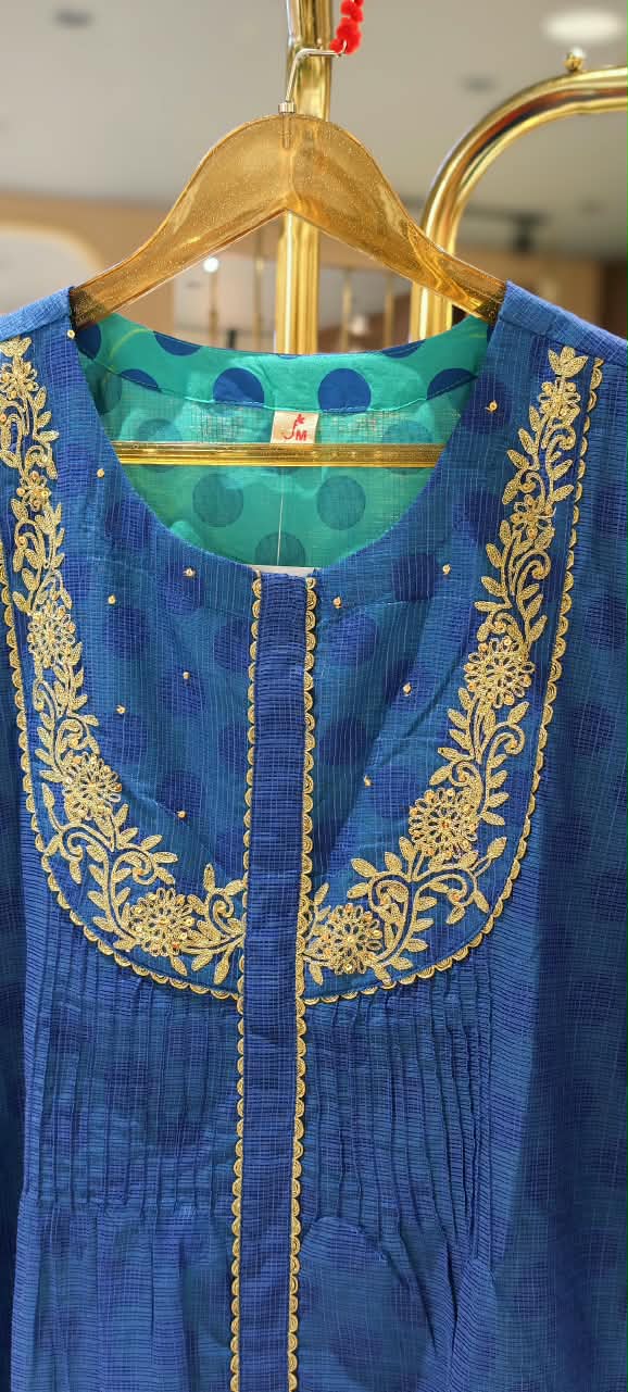 Kota Doria Blue Elegance Golden Embroidery U-Yoke A-Line Kurta Pant Set- 16439