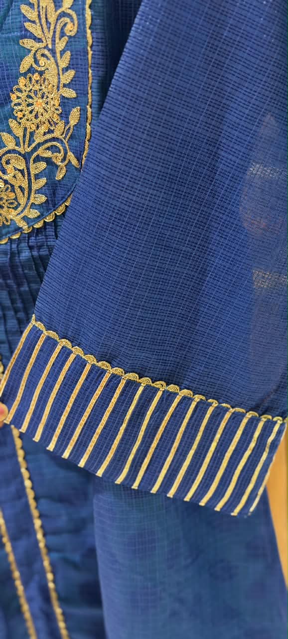 Kota Doria Blue Elegance Golden Embroidery U-Yoke A-Line Kurta Pant Set- 16439
