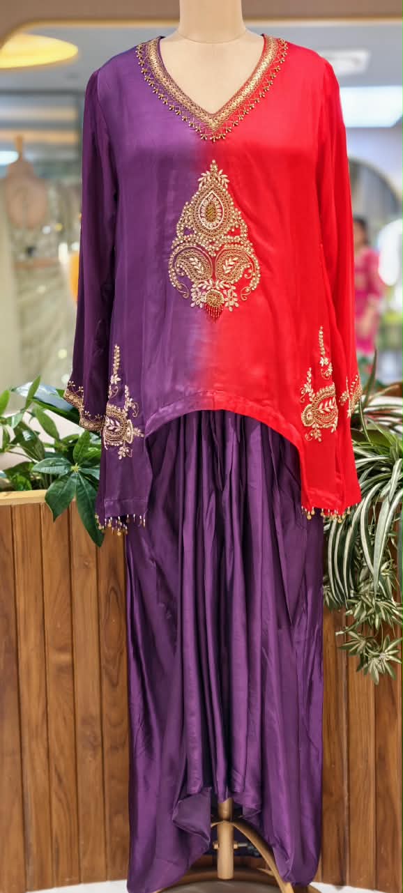 Delicate Zardosi Kundan Look Embroidered Work Twin Contrasted Indo-Wear High-Low Kurta With Drape Bottom- 16415