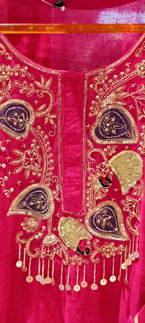 Leaf Embroidered Yoke With Sequin Highlights & Tassels A-Line Mul-Chanderi Full Suit Set With Dupatta- 16433