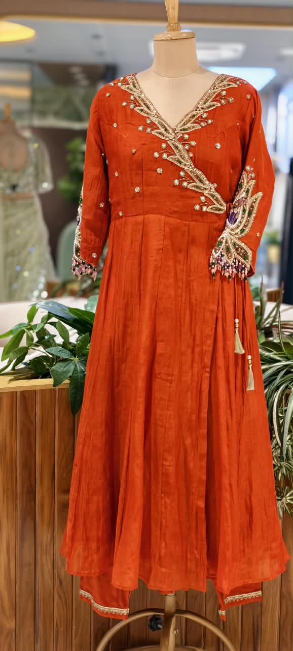 Subtle Beads & Booti Motifs Angrakha Mul-Chanderi Anarkali Full Suit Set With Dupatta With Heavy Crystal Dangles- 16434