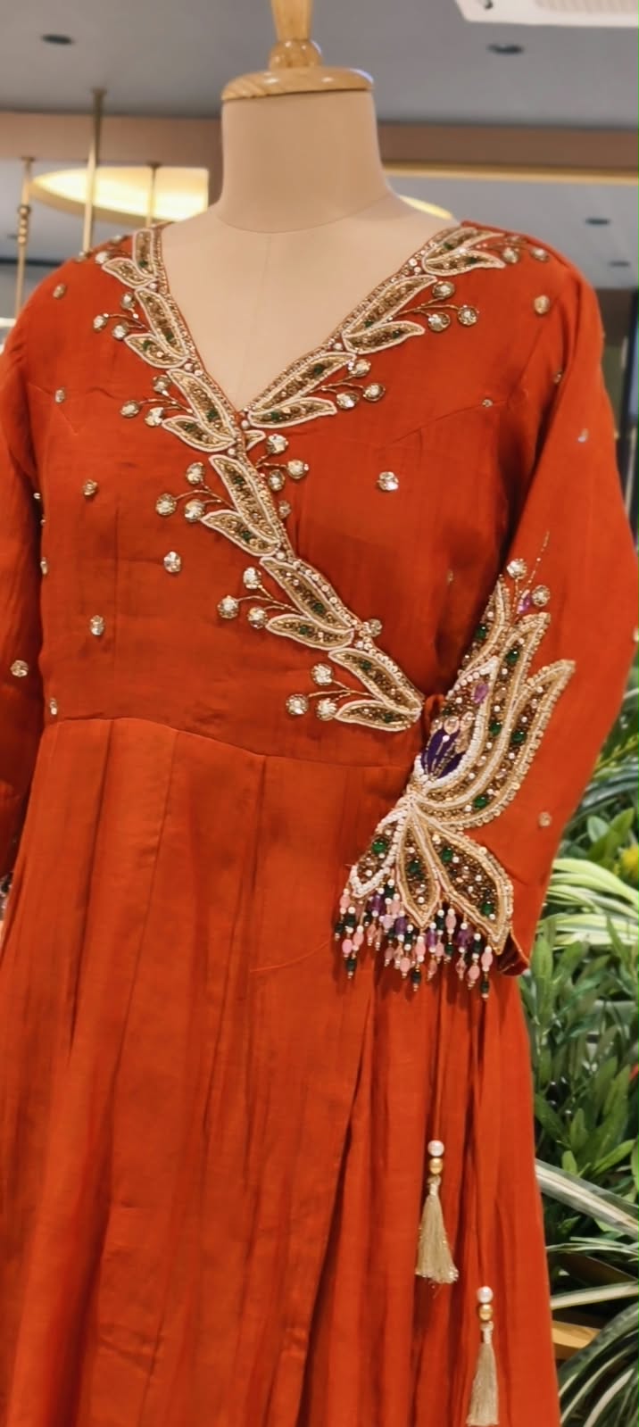 Subtle Beads & Booti Motifs Angrakha Mul-Chanderi Anarkali Full Suit Set With Dupatta With Heavy Crystal Dangles- 16434