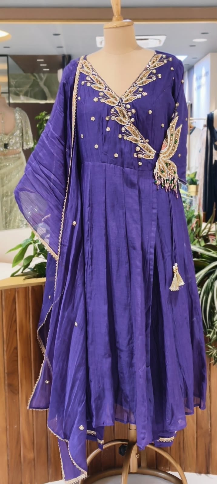 Subtle Beads & Booti Motifs Angrakha Mul-Chanderi Anarkali Full Suit Set With Dupatta With Heavy Crystal Dangles- 16434