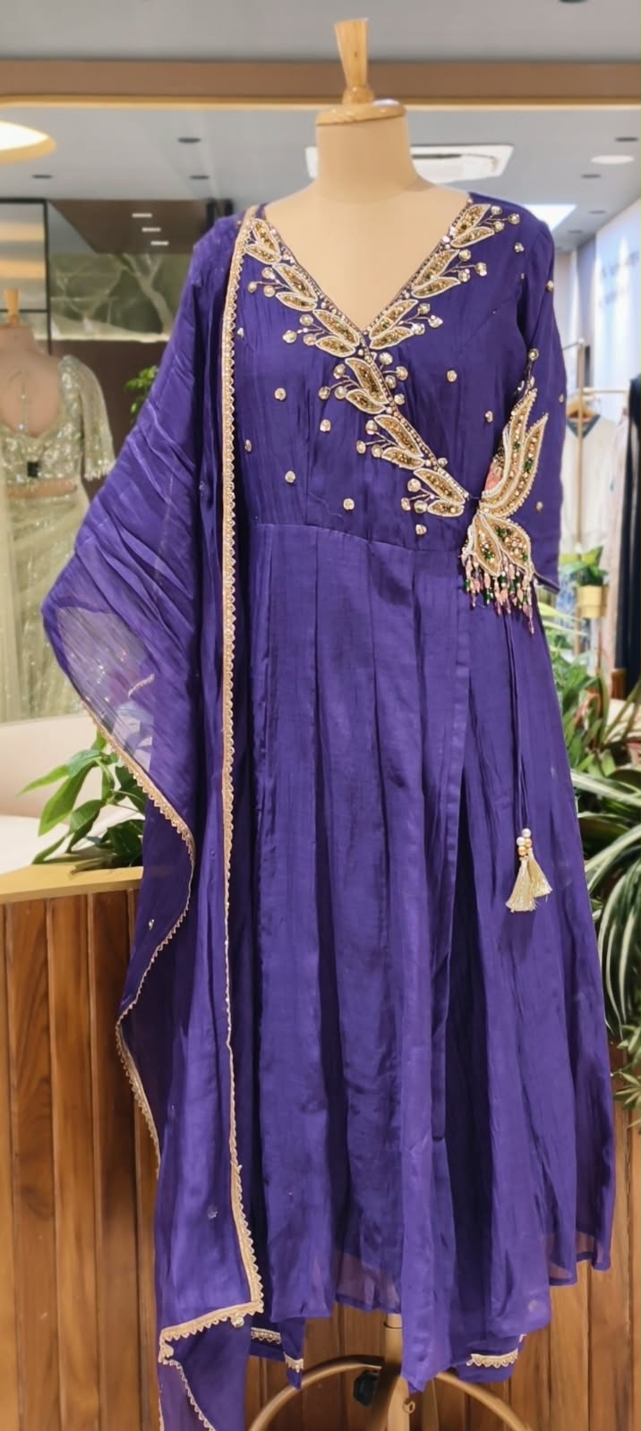 Subtle Beads & Booti Motifs Angrakha Mul-Chanderi Anarkali Full Suit Set With Dupatta With Heavy Crystal Dangles- 16434