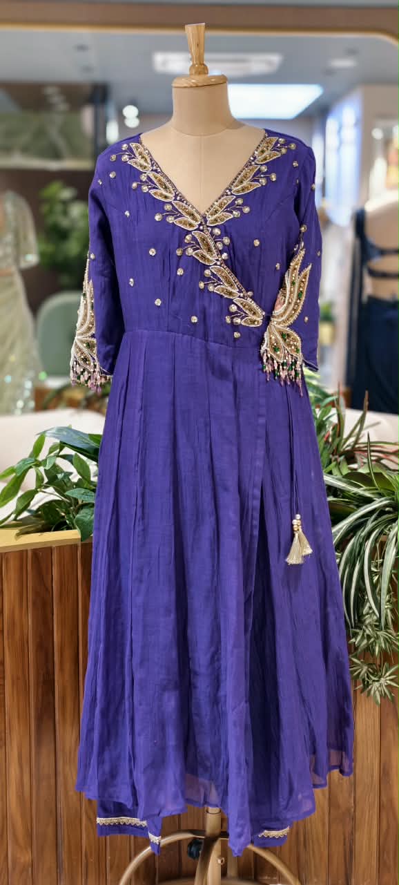 Subtle Beads & Booti Motifs Angrakha Mul-Chanderi Anarkali Full Suit Set With Dupatta With Heavy Crystal Dangles- 16434
