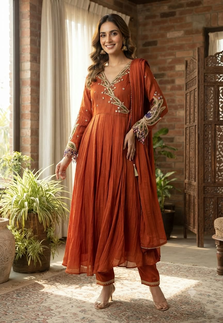 Subtle Beads & Booti Motifs Angrakha Mul-Chanderi Anarkali Full Suit Set With Dupatta With Heavy Crystal Dangles- 16434