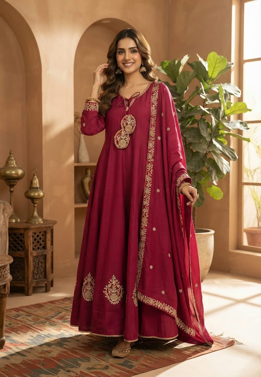 Golden Gotta Ribbon Moti & Sitara Detailing Panel Anarkali Full Suit Set With Dupatta- 16426