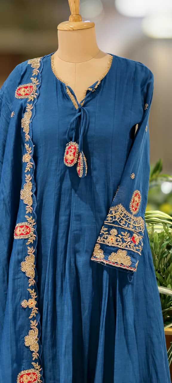 Golden Gotta Ribbon Moti & Sitara Detailing Panel Anarkali Full Suit Set With Dupatta- 16426