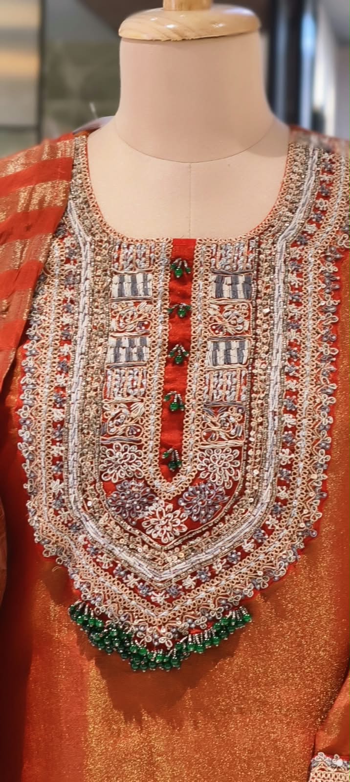 Designer Bold Embroidery Beaded Yoke Tissue Full Suit Set With Striped Dupatta & Brocade Panel Loose Bottom- 16400