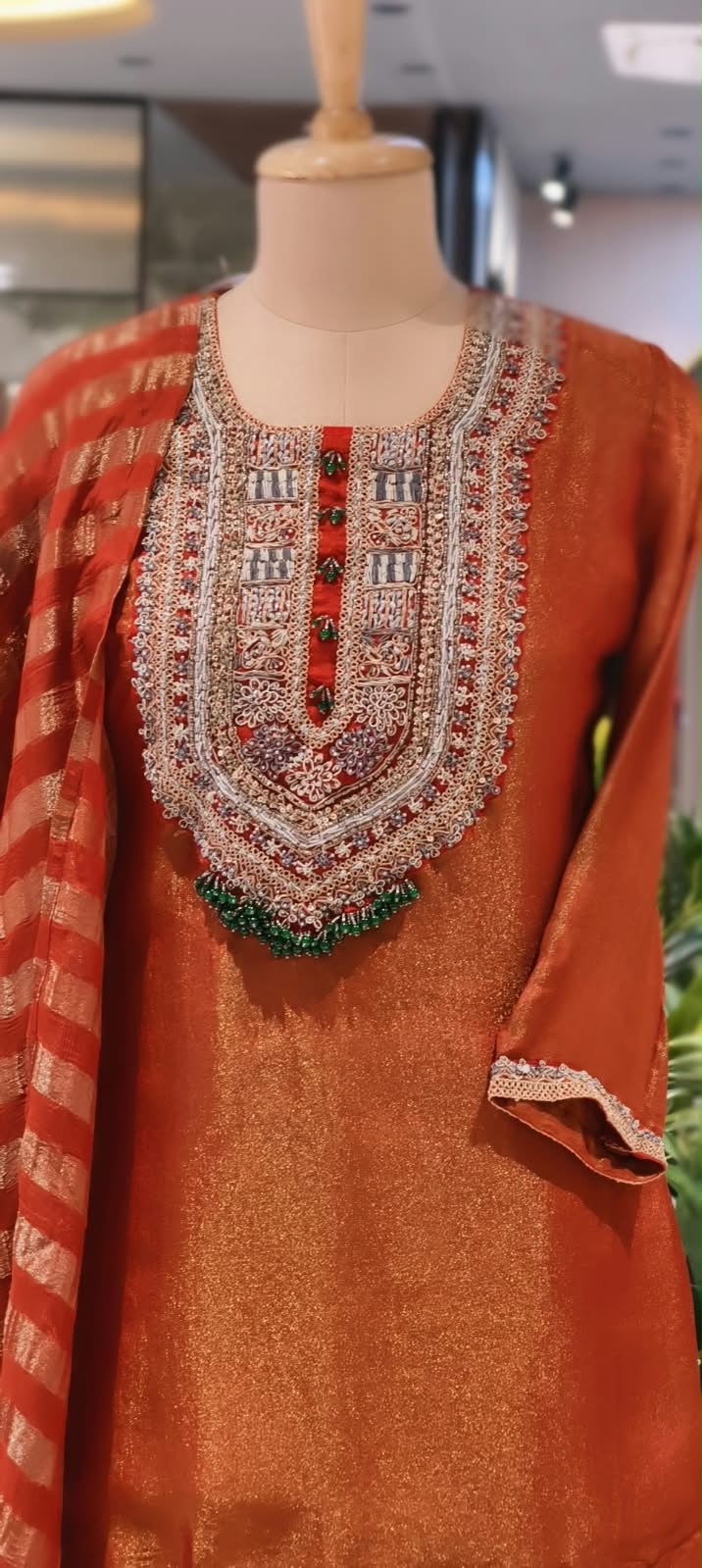 Designer Bold Embroidery Beaded Yoke Tissue Full Suit Set With Striped Dupatta & Brocade Panel Loose Bottom- 16400