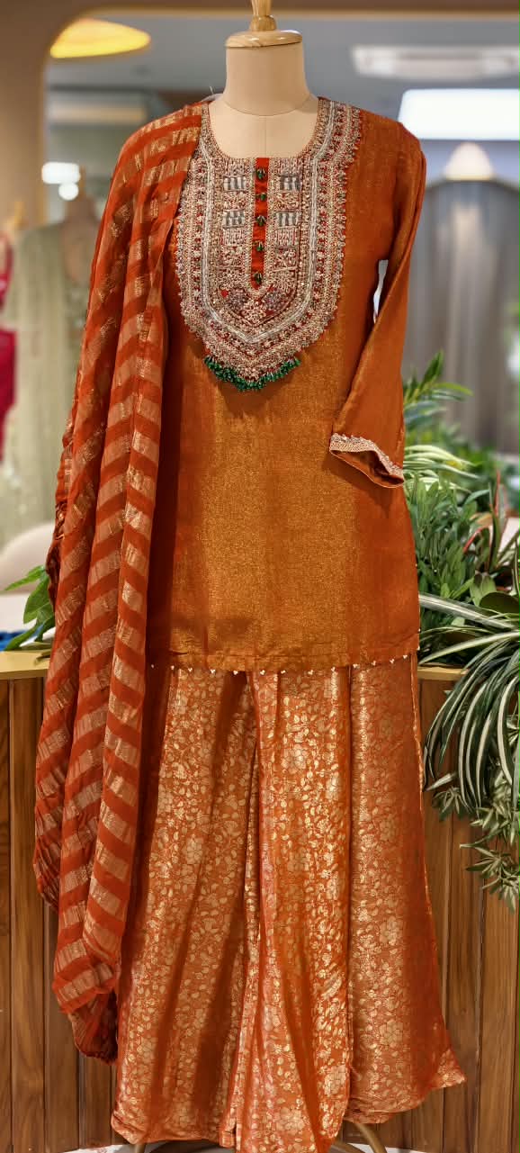 Designer Bold Embroidery Beaded Yoke Tissue Full Suit Set With Striped Dupatta & Brocade Panel Loose Bottom- 16400