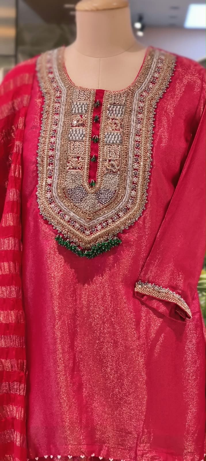 Designer Bold Embroidery Beaded Yoke Tissue Full Suit Set With Striped Dupatta & Brocade Panel Loose Bottom- 16400