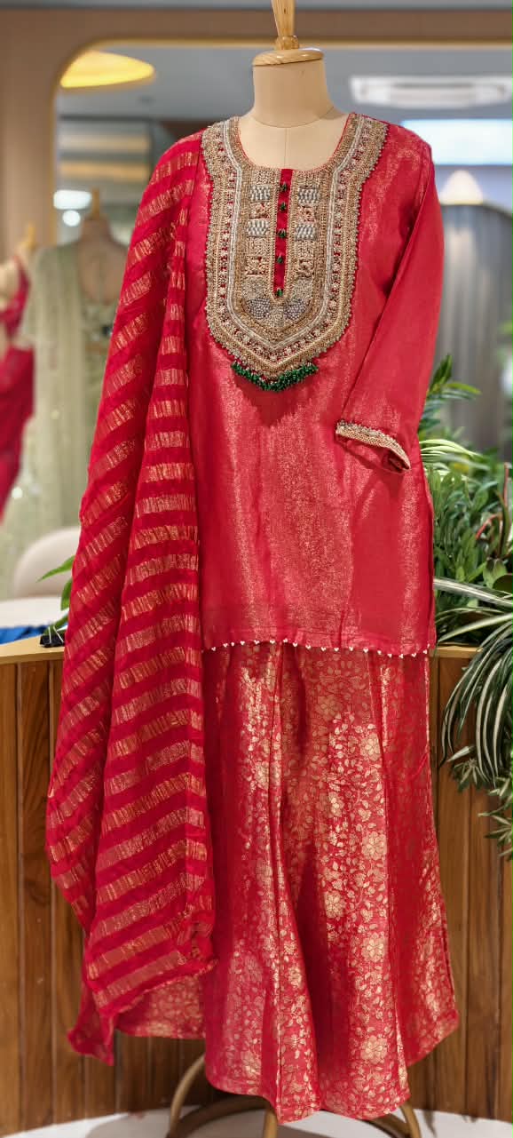 Designer Bold Embroidery Beaded Yoke Tissue Full Suit Set With Striped Dupatta & Brocade Panel Loose Bottom- 16400