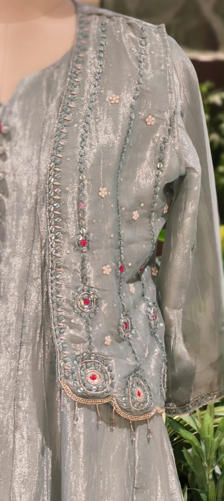 Butter Shine Elegant Shimmer Tissue Outer Style A-Line Kurta Pant Set With Delicate Crystal Embroidery Work- 16423