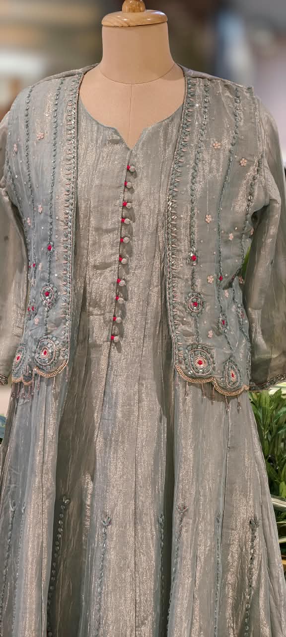 Butter Shine Elegant Shimmer Tissue Outer Style A-Line Kurta Pant Set With Delicate Crystal Embroidery Work- 16423