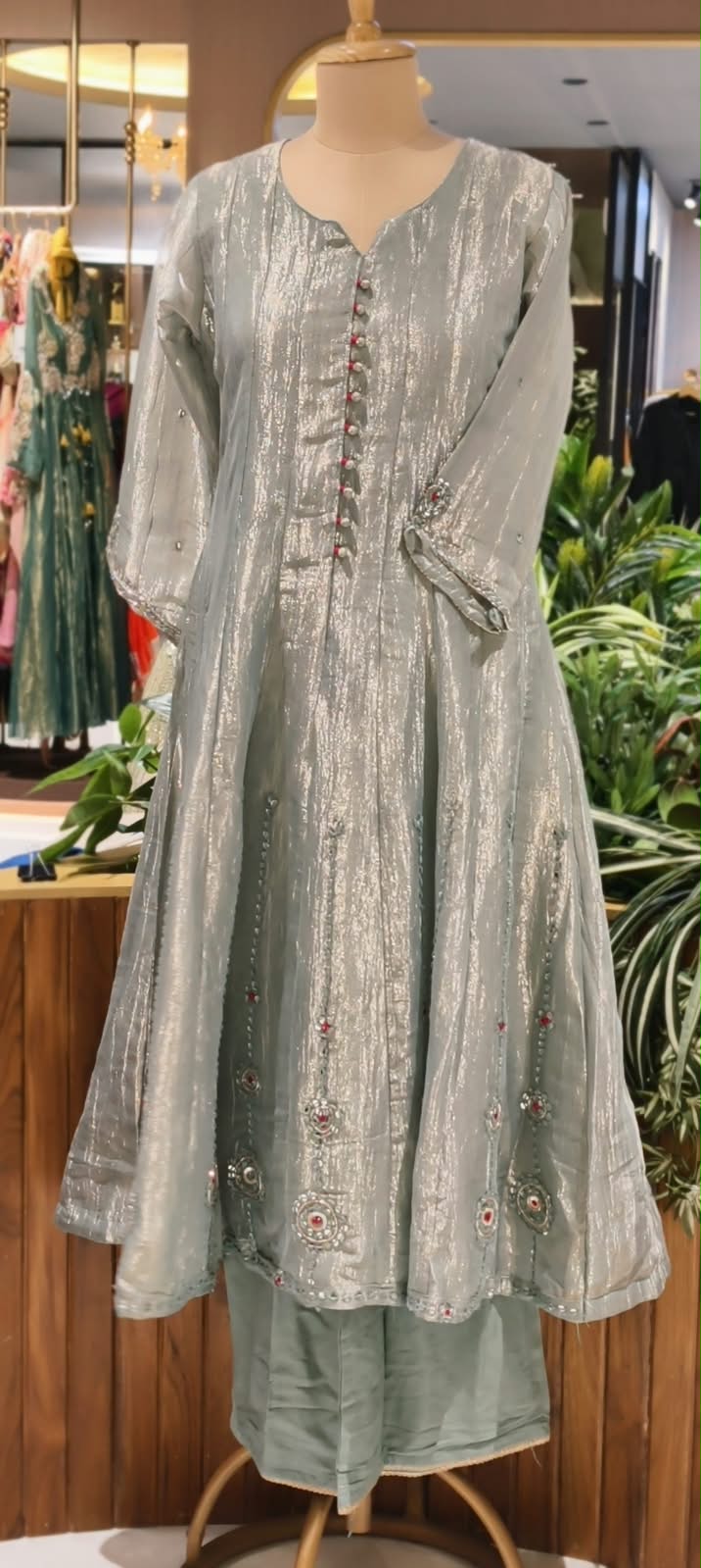 Butter Shine Elegant Shimmer Tissue Outer Style A-Line Kurta Pant Set With Delicate Crystal Embroidery Work- 16423