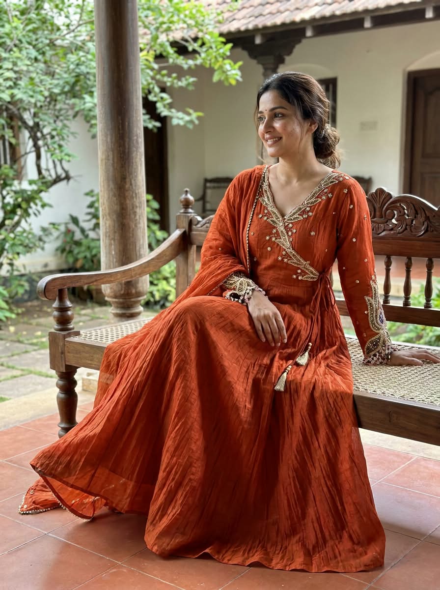 Subtle Beads & Booti Motifs Angrakha Mul-Chanderi Anarkali Full Suit Set With Dupatta With Heavy Crystal Dangles- 16434