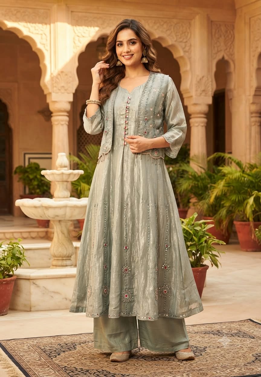 Butter Shine Elegant Shimmer Tissue Outer Style A-Line Kurta Pant Set With Delicate Crystal Embroidery Work- 16423
