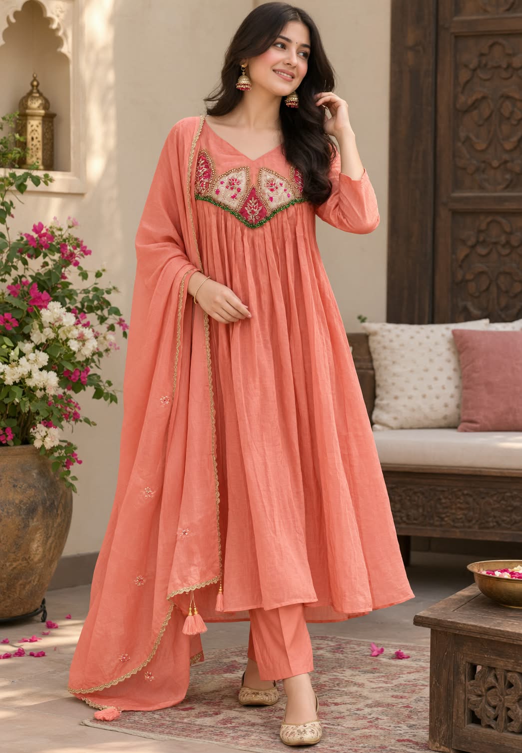 Elegant Multicolor Tiny Highlights Embroidered A-Line Mul-Chanderi Full Suit Set With Dupatta- 16437