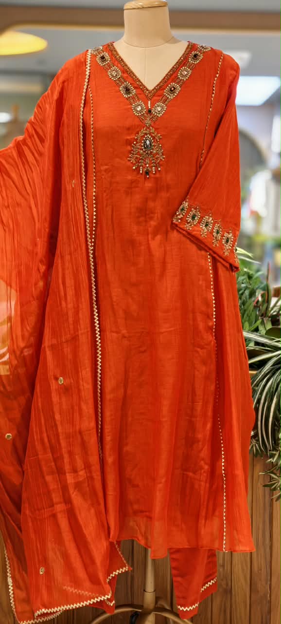 Jewel Blossom Stone Beaded Embroidered Work A-Line Lace Side Panel A-Line Full Suit Set With Dupatta- 16436