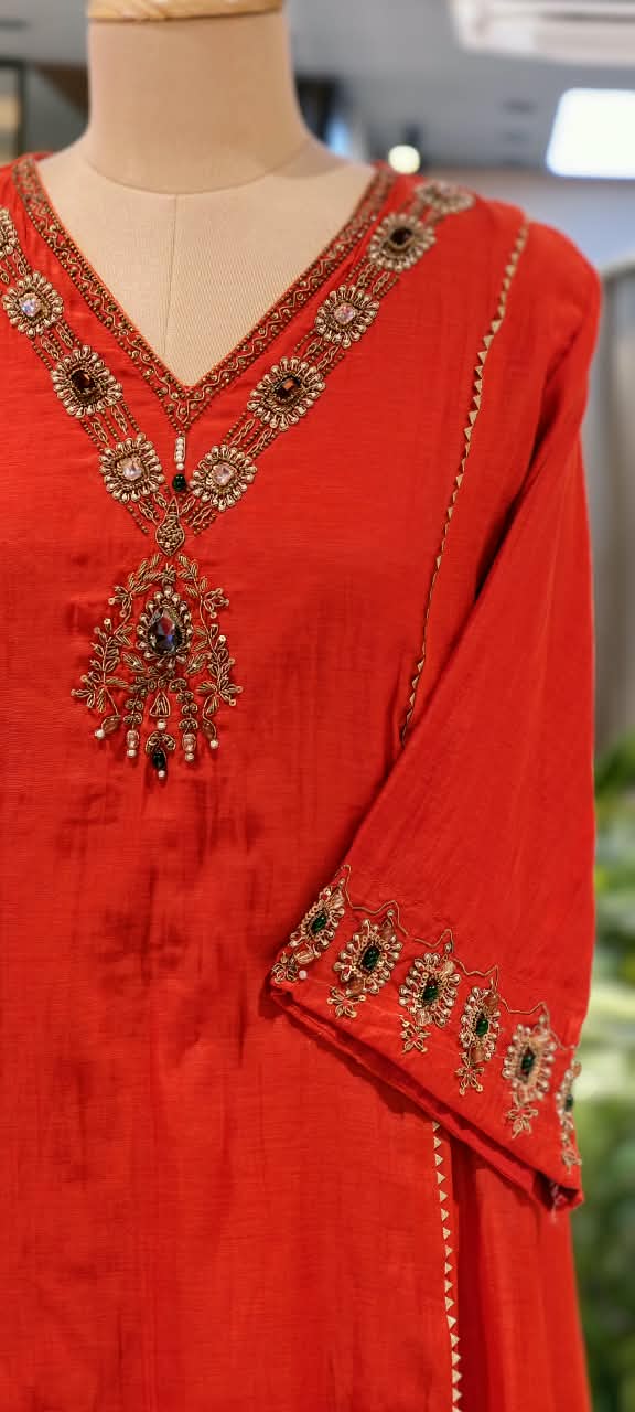Jewel Blossom Stone Beaded Embroidered Work A-Line Lace Side Panel A-Line Full Suit Set With Dupatta- 16436