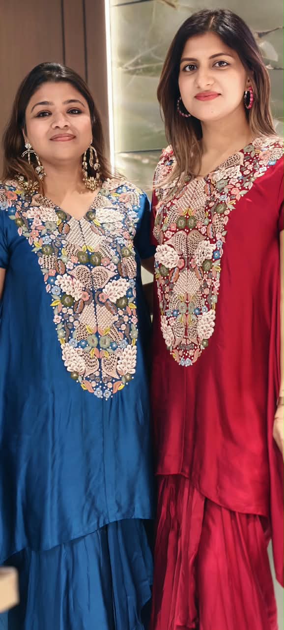 Popped 3D Multicolor Floral Embroidery Designer Look Indo-Wear High-Low Kurta With Drape Skirt- 16417