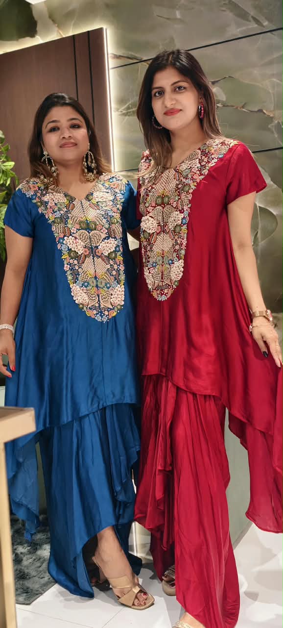 Popped 3D Multicolor Floral Embroidery Designer Look Indo-Wear High-Low Kurta With Drape Skirt- 16417