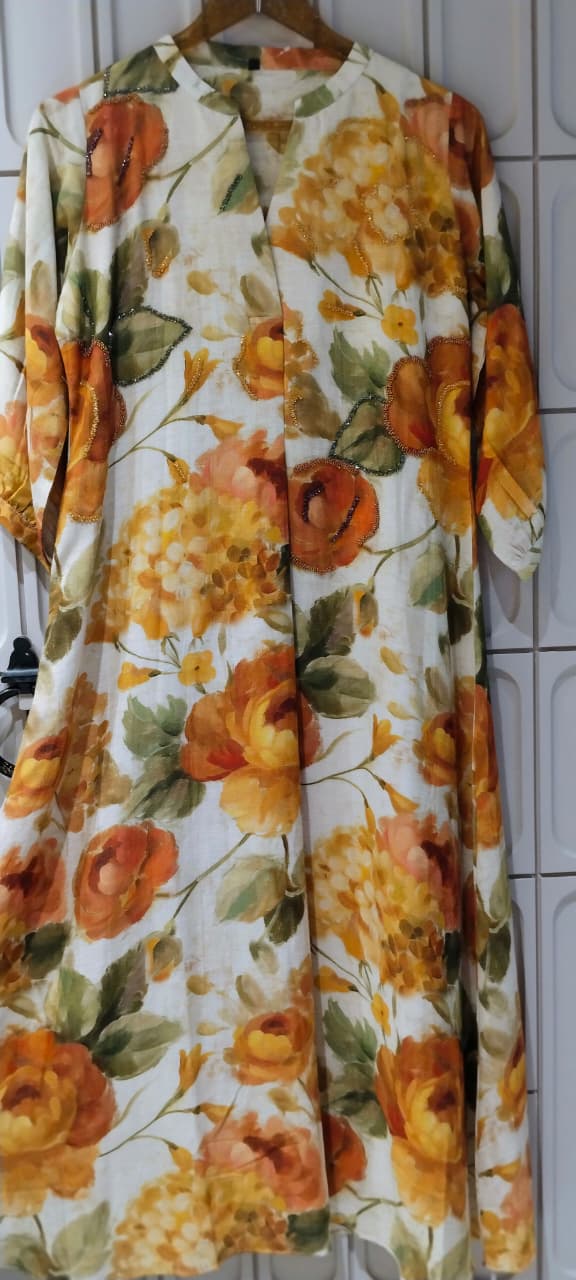 Tie-Dye Watermark Floral Print Shimmer Highlight Russian Silk Frock- 162774, 16277
