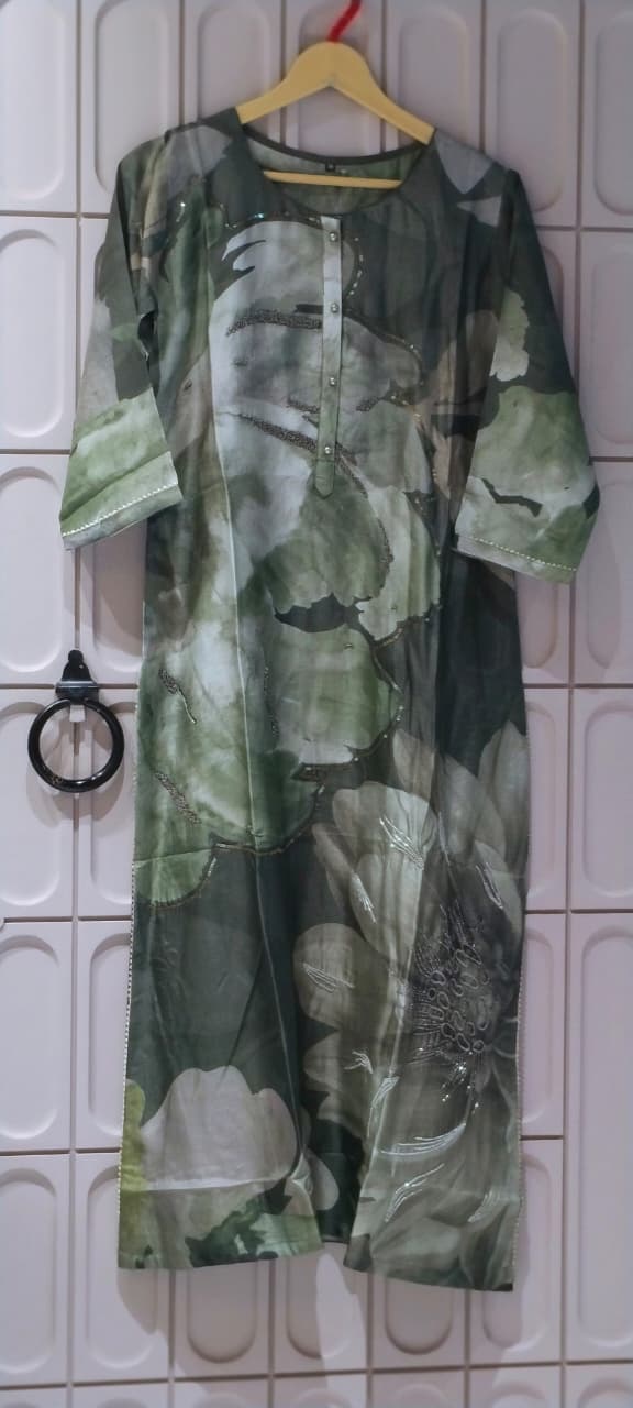 Sage & Forest Green Overlapping Floral Print A-Line Kurti- 16468