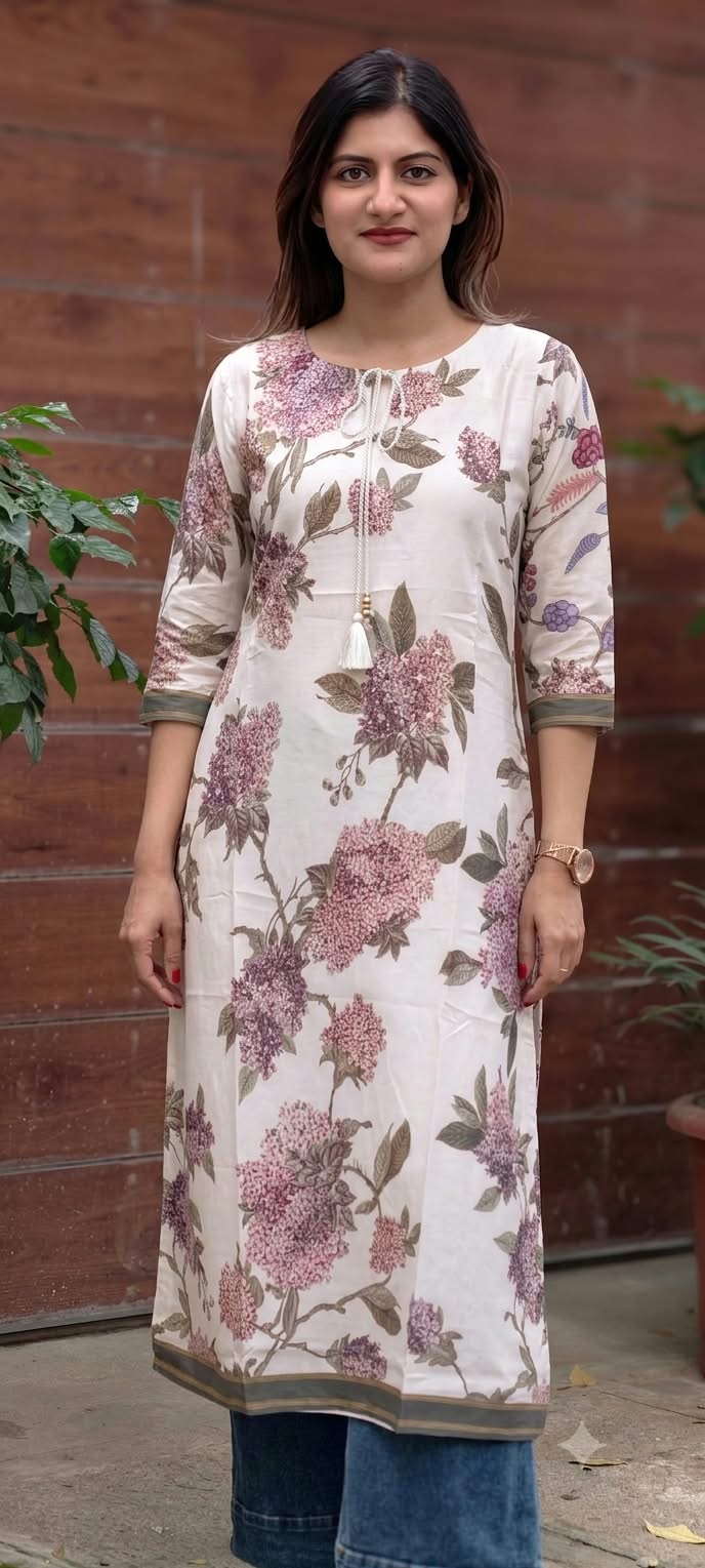 White Hydrangea Floral Print Round Neck Kurti with Tassels- 16470
