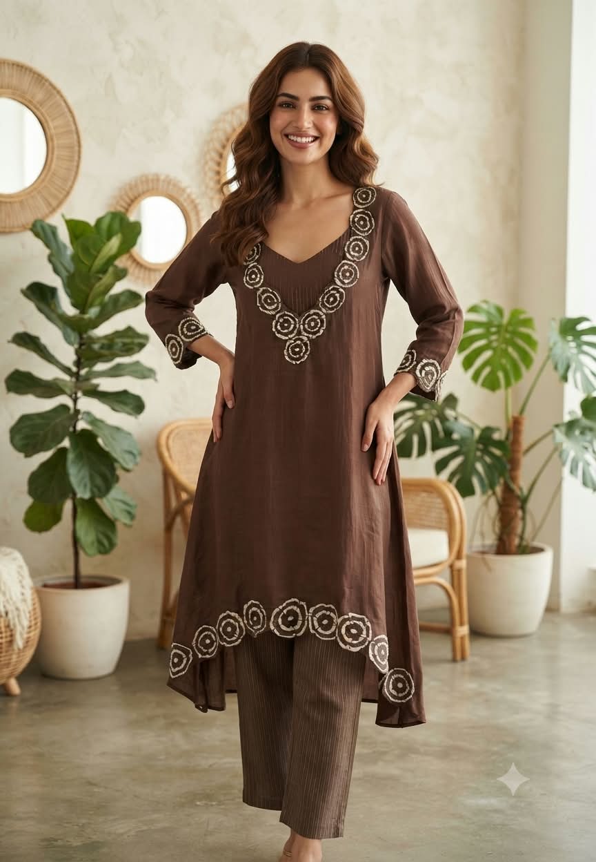 Embroidered Floral Cut-Work Outline Matching Mul-Chander A-Line Kurta With Bustier & Striped Tissue Bottom- 16460