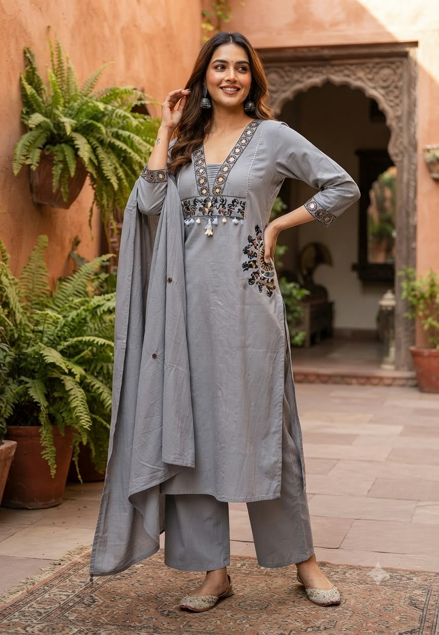 Tribal Inspired Dancing Motifs Pocket Elegance Cotton Full Suit Set With Dupatta- 16490