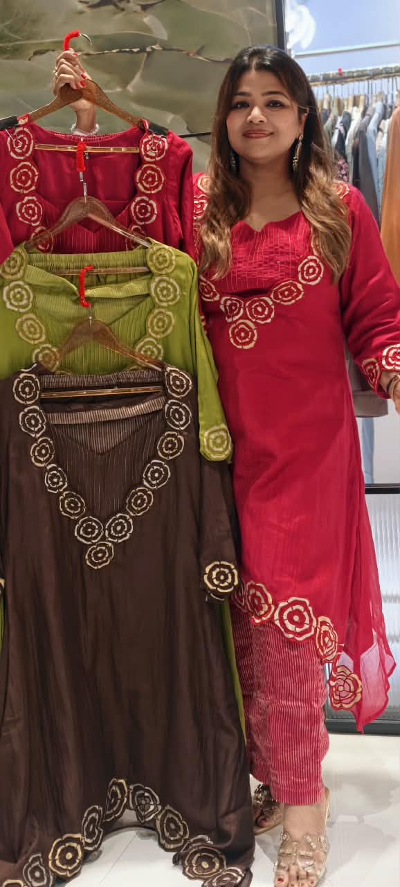 Embroidered Floral Cut-Work Outline Matching Mul-Chander A-Line Kurta With Bustier & Striped Tissue Bottom- 16460