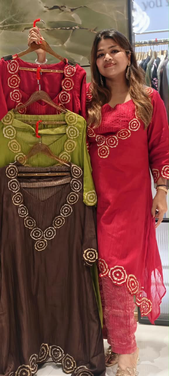 Embroidered Floral Cut-Work Outline Matching Mul-Chander A-Line Kurta With Bustier & Striped Tissue Bottom- 16460