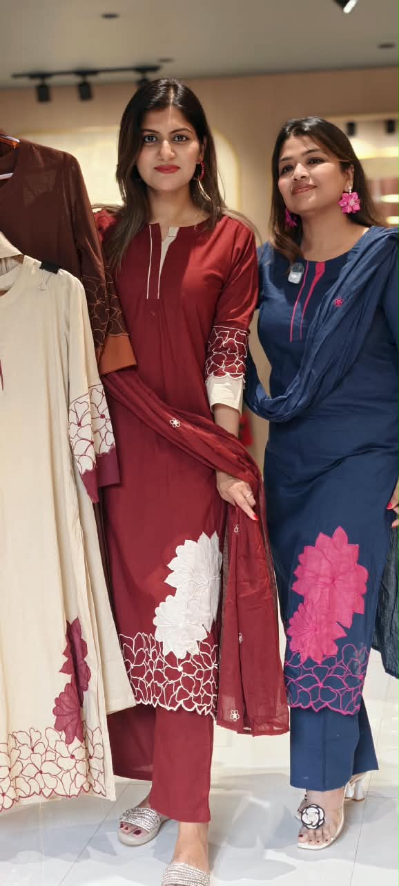Giant Floral Patch Highlights Solid Shade Soft Cotton Full Suit Set With Dupatta- 16347