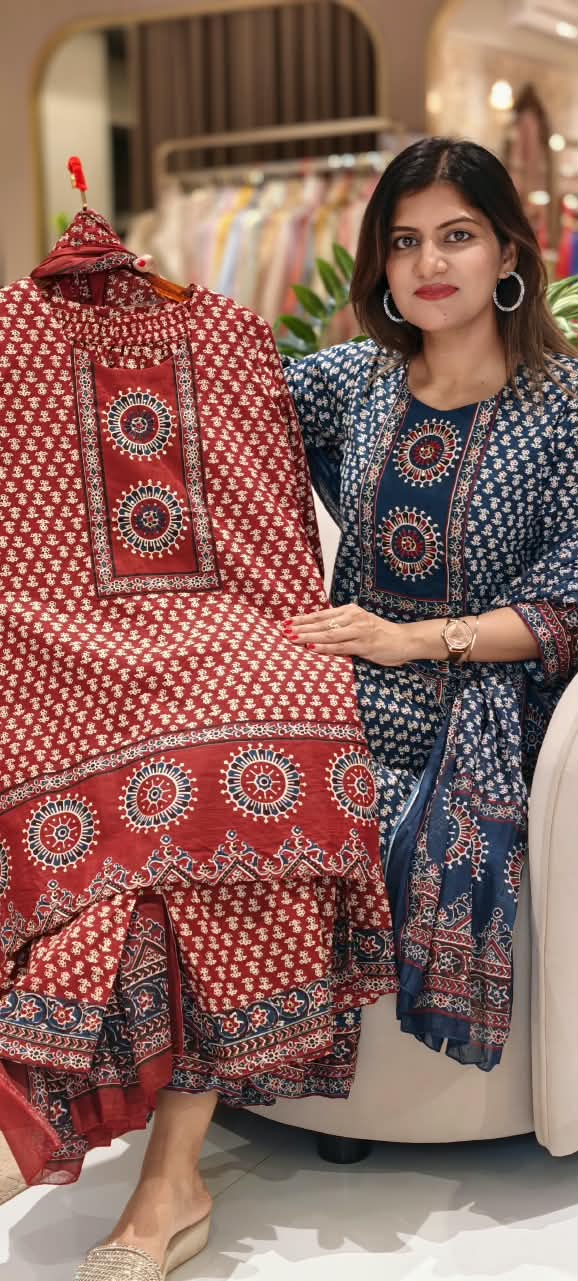 Tiny Floral Blocks Print Pure Cotton Full Suit Set With Panel Flared Palazzo Bottom & Matching Dupatta- 15931