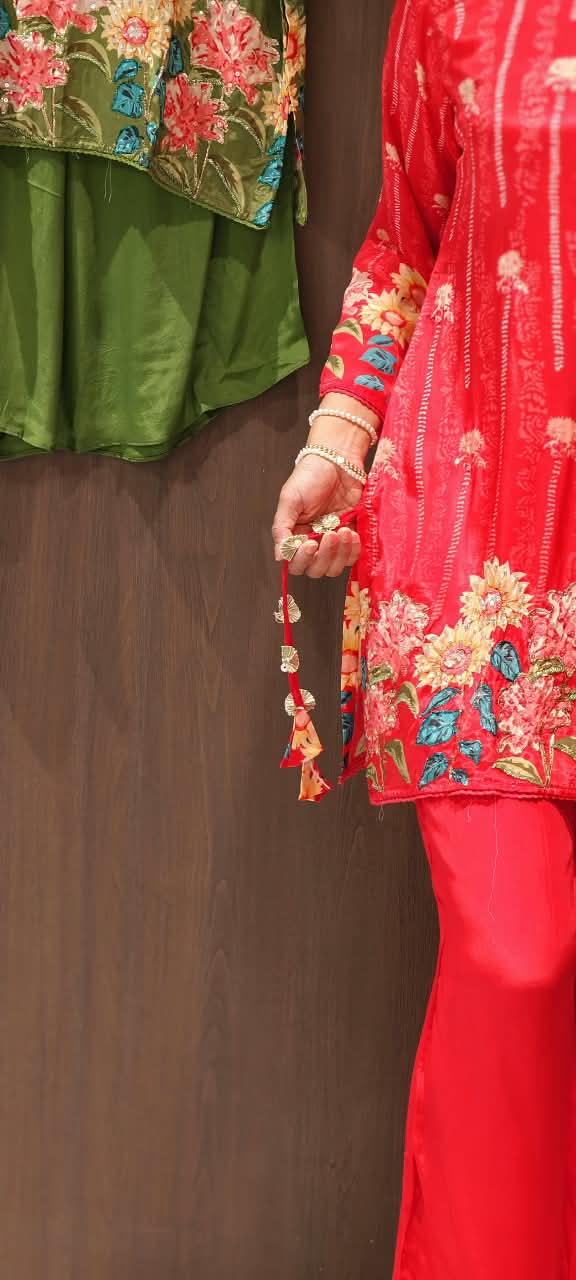 Bright Floral Embellished Kurta Set with Keyhole Neckline & Matching Wide-Leg Pants Co- 15858Ord Set-