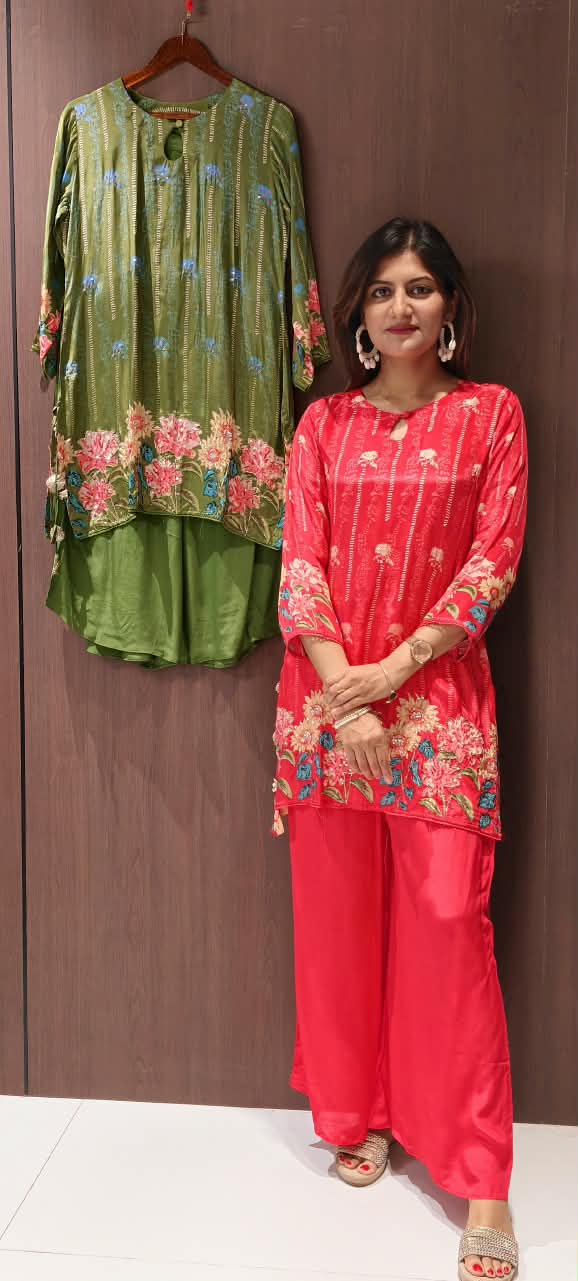 Bright Floral Embellished Kurta Set with Keyhole Neckline & Matching Wide-Leg Pants Co- 15858Ord Set-