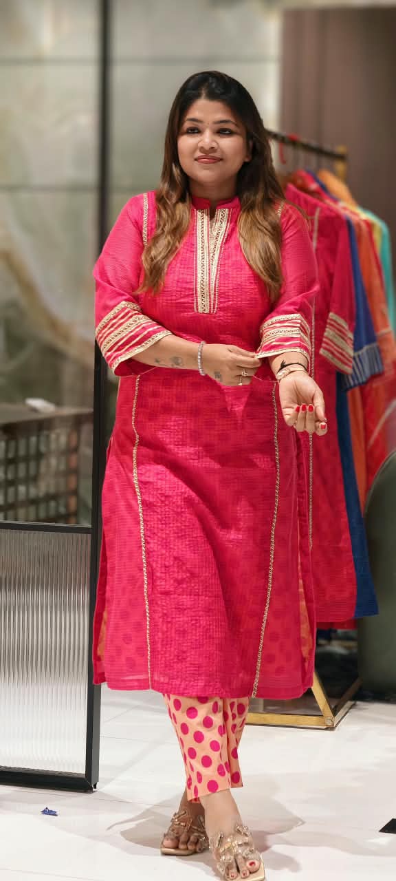Crush Kota Doria Fuschia Glow Golden Lace Touch Kurta With Polka Dotted Cotton Pant- 16496