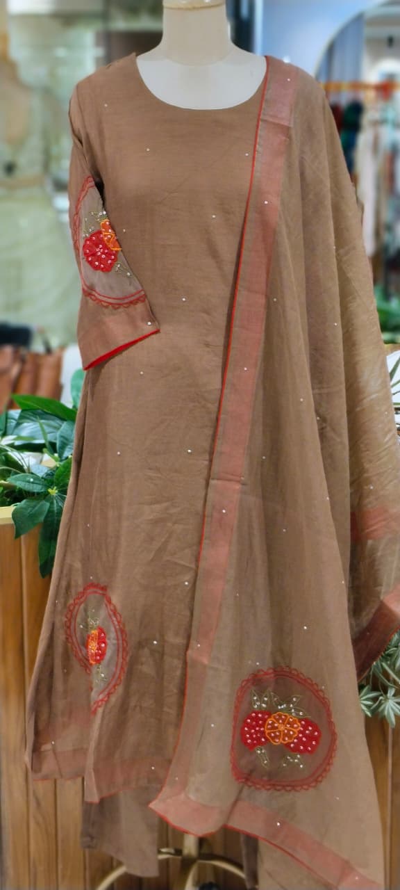 Strawberry Floral Patched Embroidery With Sequin Upwork A-Line Banarasi Mul-Chanderi Full Suit Set With Dupatta- 16530