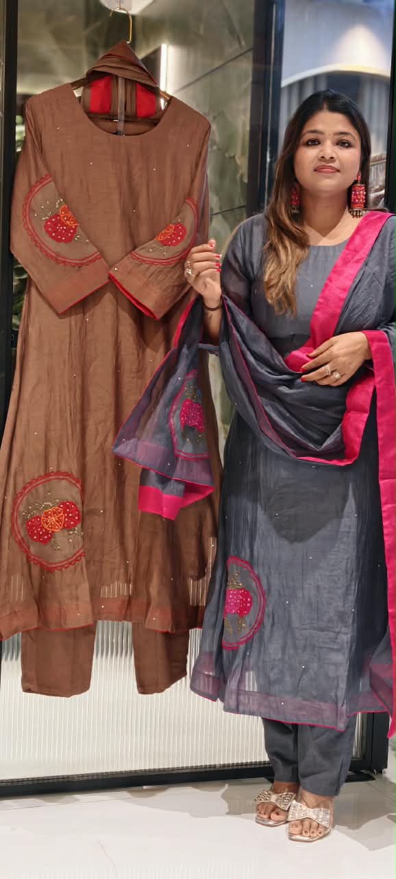 Strawberry Floral Patched Embroidery With Sequin Upwork A-Line Banarasi Mul-Chanderi Full Suit Set With Dupatta- 16530