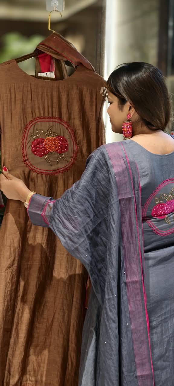Strawberry Floral Patched Embroidery With Sequin Upwork A-Line Banarasi Mul-Chanderi Full Suit Set With Dupatta- 16530