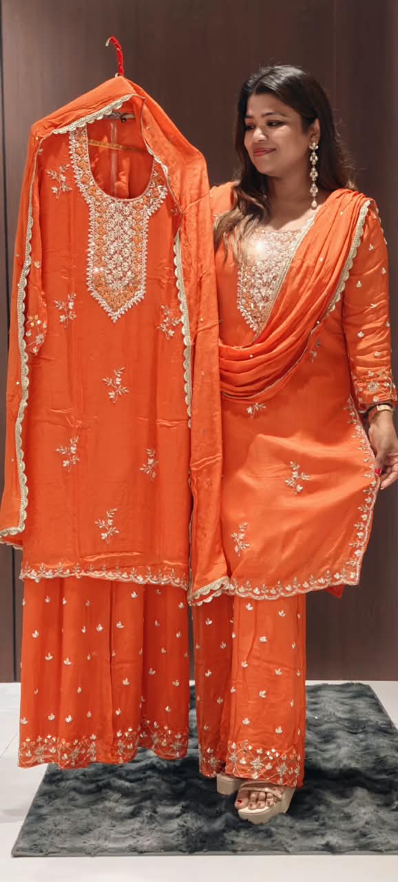 Heavy Sequin Embroidery Work Vibrant Blunt Orange Chinon Palazzo Full Suit Set With Dupatta- 16526