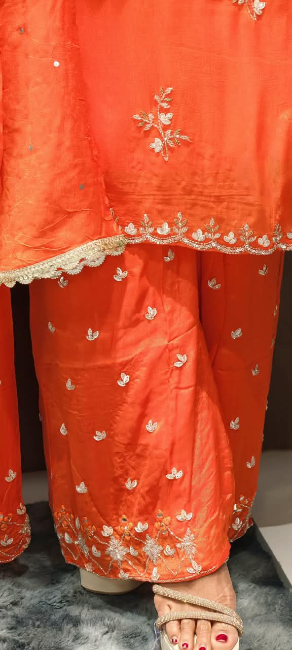 Heavy Sequin Embroidery Work Vibrant Blunt Orange Chinon Palazzo Full Suit Set With Dupatta- 16526
