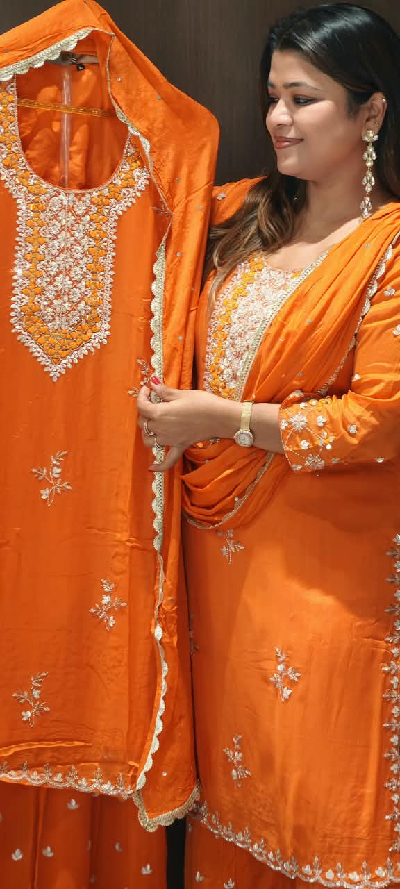 Heavy Sequin Embroidery Work Vibrant Blunt Orange Chinon Palazzo Full Suit Set With Dupatta- 16526