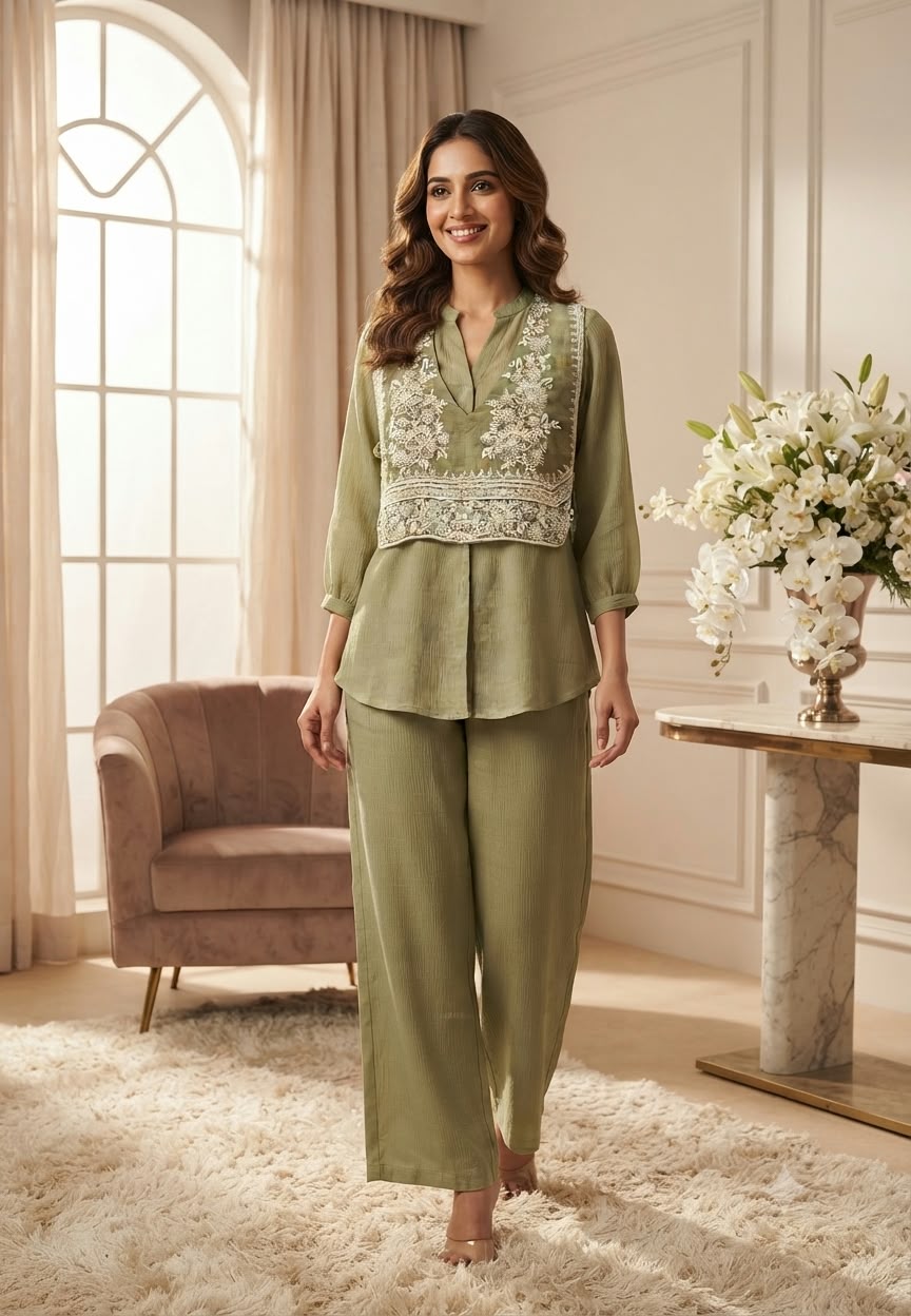 Crush Look Delicate Floral Motifs Outer Bodice Matching Co-Ord Set- 16492